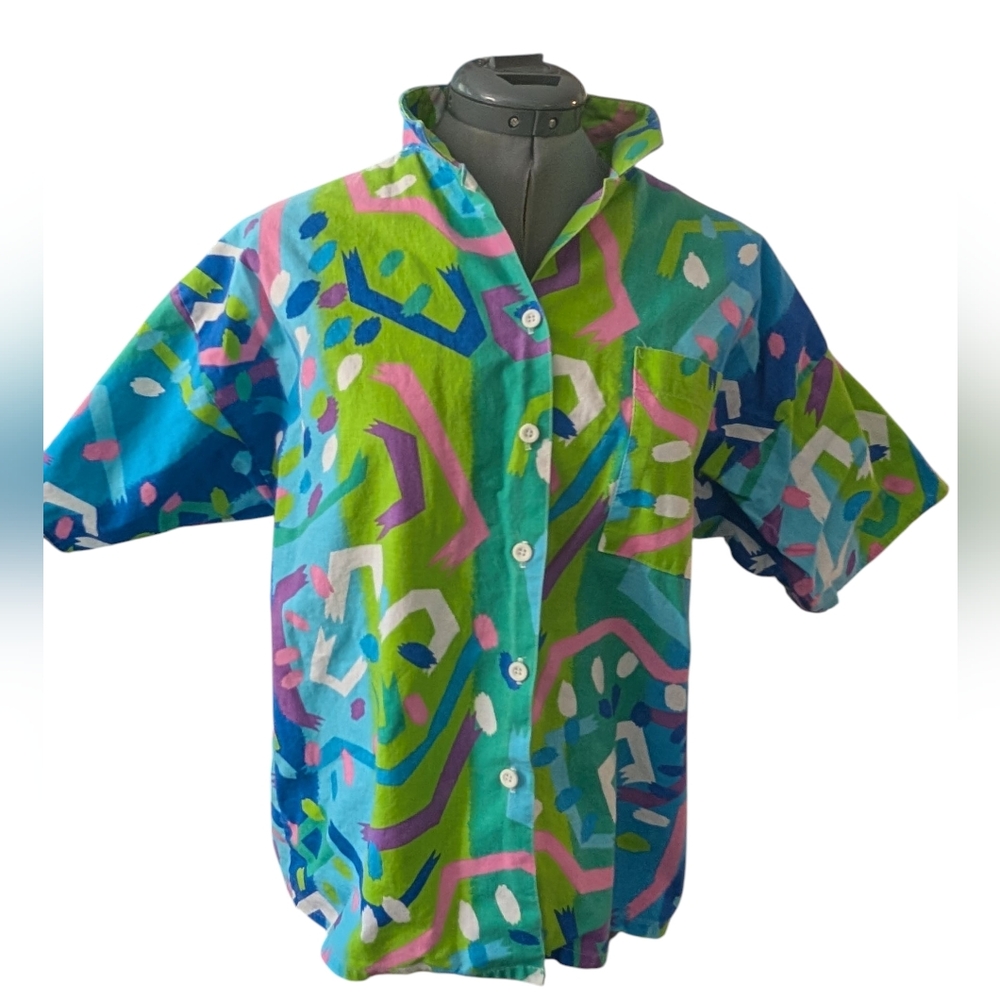 Vintage Women's Neon Vibrant Multicolor Geometric Abstract Print Button-Up Shirt